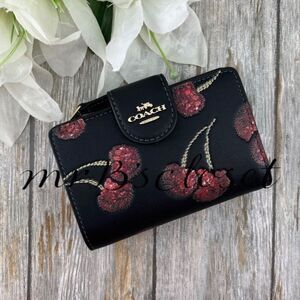 Coach Medium Corner Zip Wallet With Cherry Print in Smooth Leather Bag Purse
